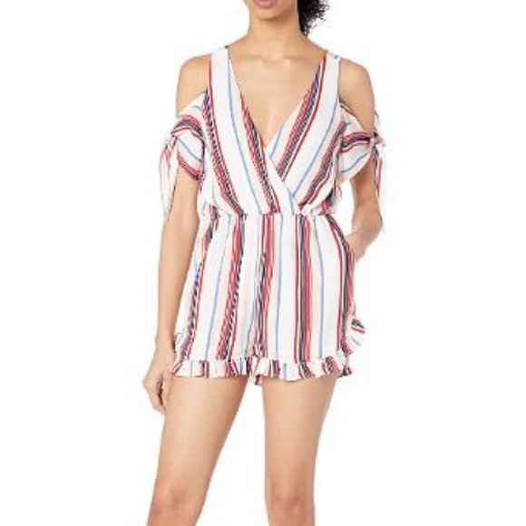 Lucca Couture Pants - Lucca Couture Cold Shoulder Stripe Tie Romper